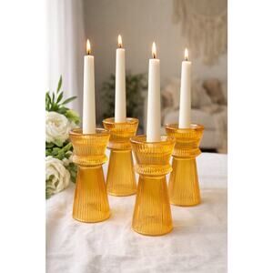 Amber Ribbed Glass Candle Holders Set of 4 Taper & Tea Light Boho Decor 5” Tall